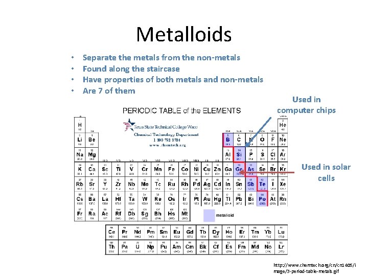 Metalloids • • Separate the metals from the non-metals Found along the staircase Have