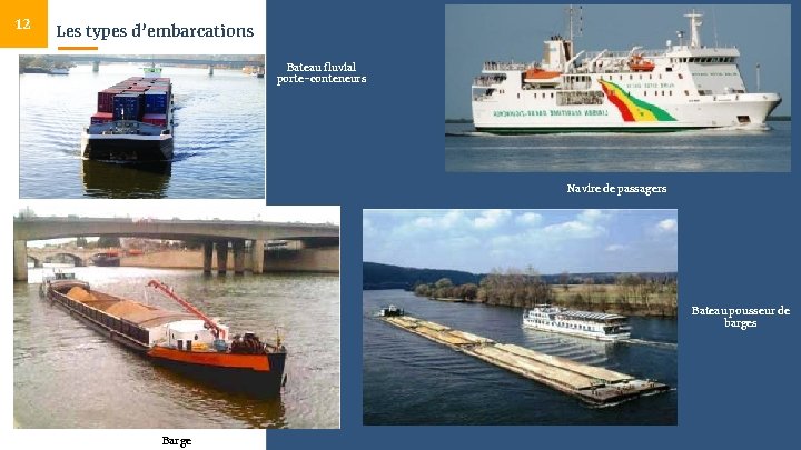 12 Les types d’embarcations Bateau fluvial porte-conteneurs Navire de passagers Bateau pousseur de barges