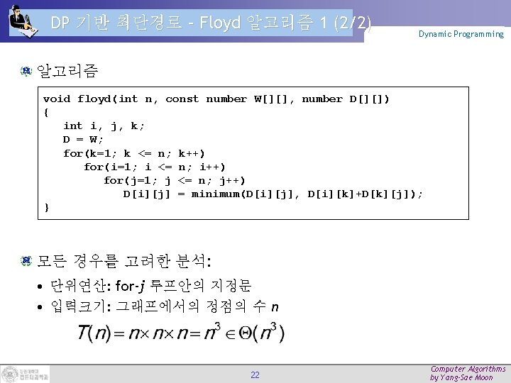 DP 기반 최단경로 – Floyd 알고리즘 1 (2/2) Dynamic Programming 알고리즘 void floyd(int n,