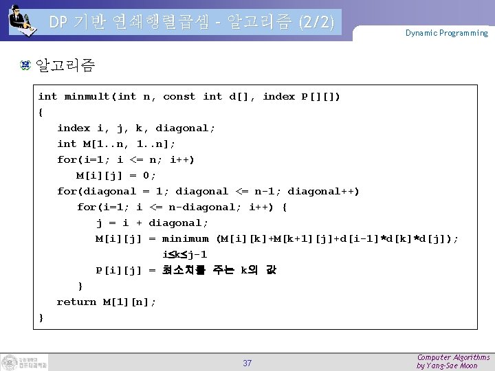DP 기반 연쇄행렬곱셈 – 알고리즘 (2/2) Dynamic Programming 알고리즘 int minmult(int n, const int