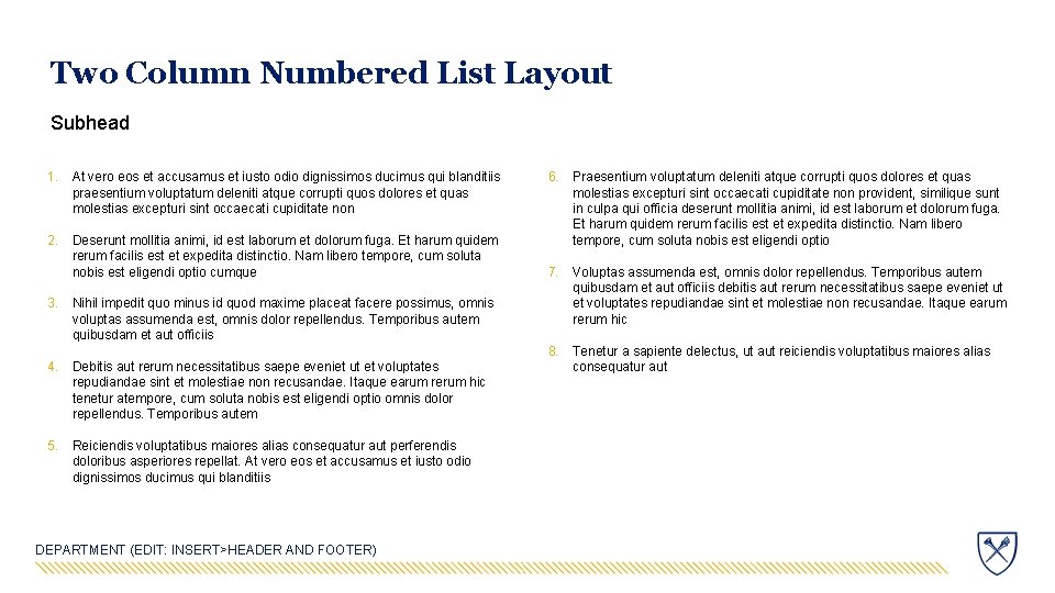 Two Column Numbered List Layout Subhead 1. At vero eos et accusamus et iusto