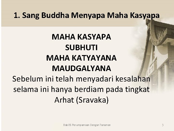 1. Sang Buddha Menyapa Maha Kasyapa MAHA KASYAPA SUBHUTI MAHA KATYAYANA MAUDGALYANA Sebelum ini