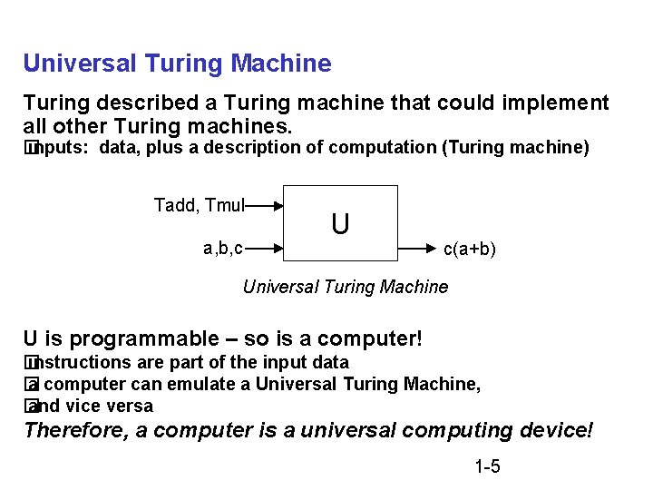 Universal Turing Machine Turing described a Turing machine that could implement all other Turing