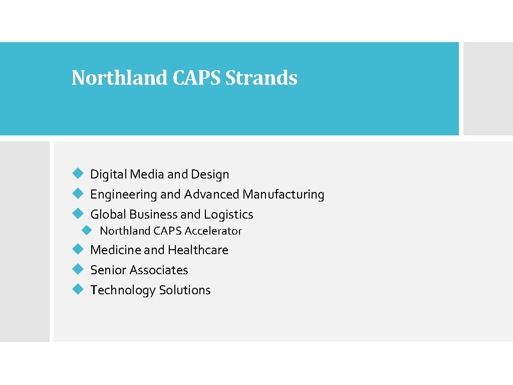 Northland CAPS Strands Digital Media and Design Engineering and Advanced Manufacturing Global Business and