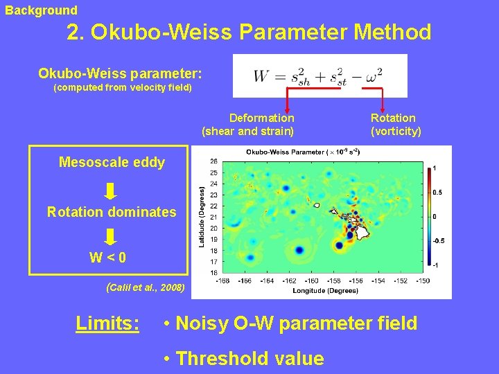 Background 2. Okubo-Weiss Parameter Method Okubo-Weiss parameter: (computed from velocity field) Deformation (shear and