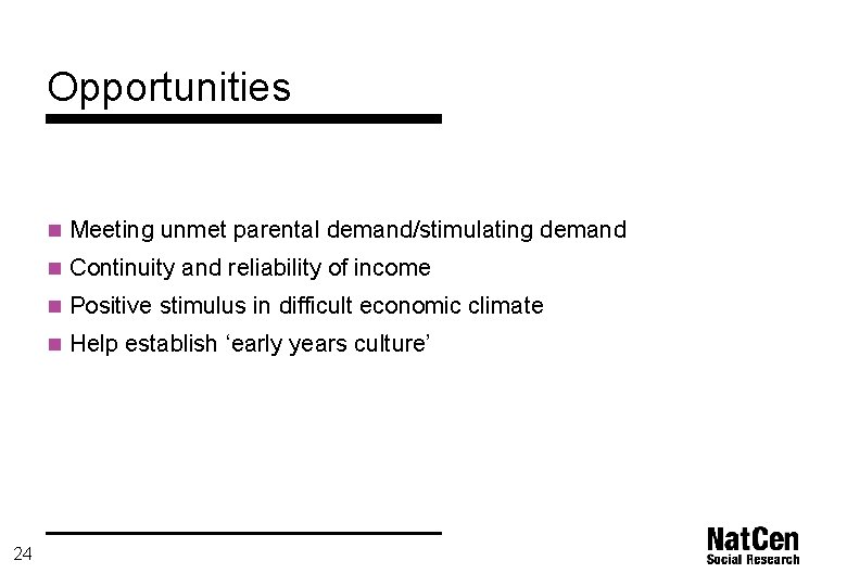 Opportunities n Meeting unmet parental demand/stimulating demand n Continuity and reliability of income n