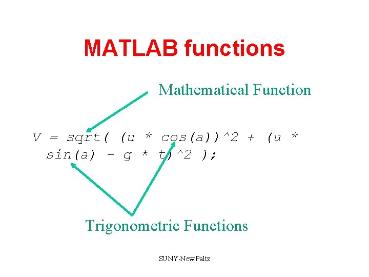 MATLAB functions Mathematical Function V = sqrt( (u * cos(a))^2 + (u * sin(a) MATLAB functions Mathematical Function V = sqrt( (u * cos(a))^2 + (u * sin(a)