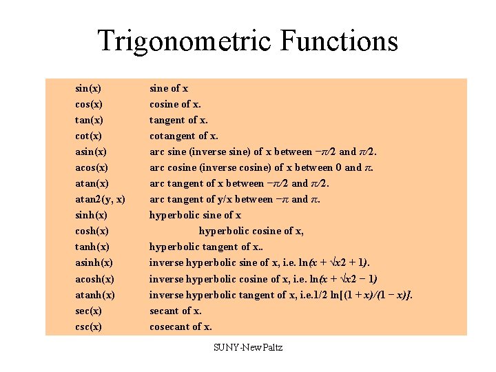 Trigonometric Functions sin(x) cos(x) tan(x) cot(x) asin(x) acos(x) atan 2(y, x) sinh(x) cosh(x) tanh(x) Trigonometric Functions sin(x) cos(x) tan(x) cot(x) asin(x) acos(x) atan 2(y, x) sinh(x) cosh(x) tanh(x)