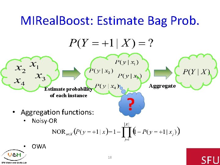MIReal. Boost: Estimate Bag Prob. Aggregate Estimate probability of each instance ? • Aggregation