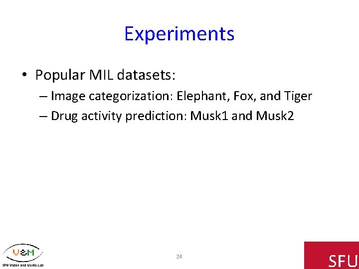 Experiments • Popular MIL datasets: – Image categorization: Elephant, Fox, and Tiger – Drug