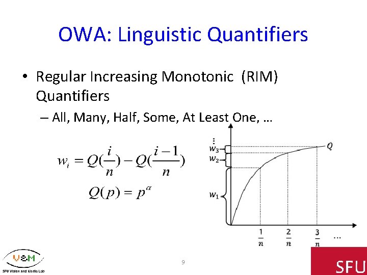 OWA: Linguistic Quantifiers • Regular Increasing Monotonic (RIM) Quantifiers – All, Many, Half, Some,