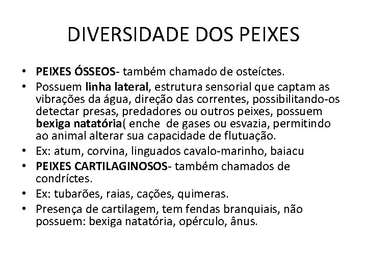 DIVERSIDADE DOS PEIXES • PEIXES ÓSSEOS- também chamado de osteíctes. • Possuem linha lateral,