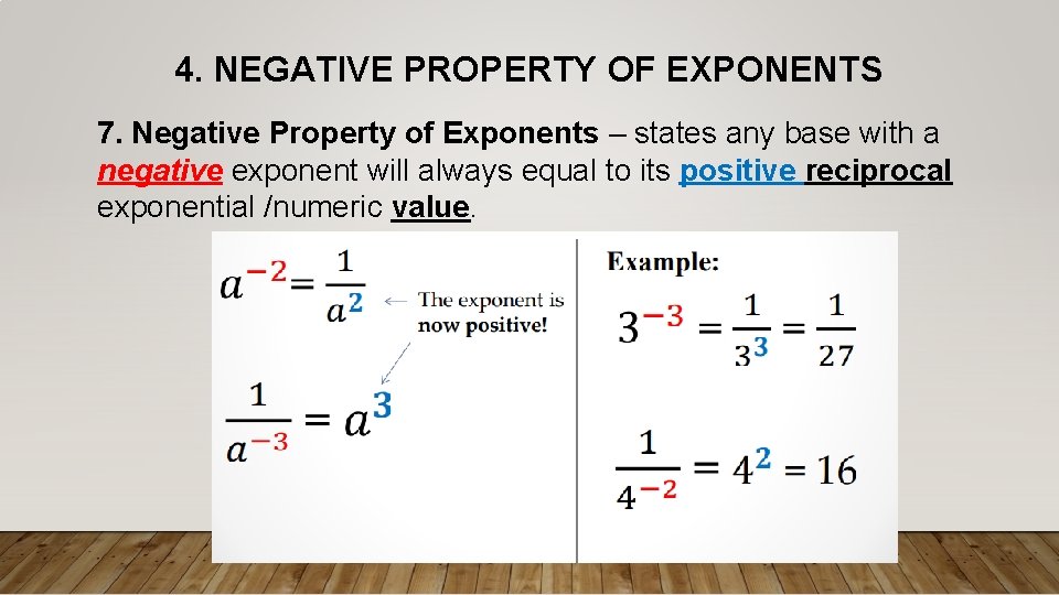 4. NEGATIVE PROPERTY OF EXPONENTS 7. Negative Property of Exponents – states any base