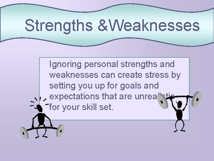 Strengths &Weaknesses Ignoring personal strengths and weaknesses can create stress by setting you up