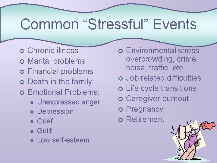Common “Stressful” Events ¢ ¢ ¢ Chronic illness Marital problems Financial problems Death in