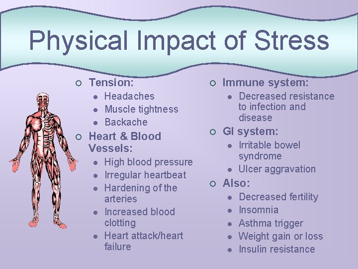 Physical Impact of Stress ¢ Tension: l l l ¢ Headaches Muscle tightness Backache