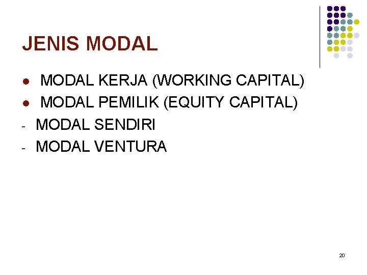 JENIS MODAL l l - MODAL KERJA (WORKING CAPITAL) MODAL PEMILIK (EQUITY CAPITAL) MODAL