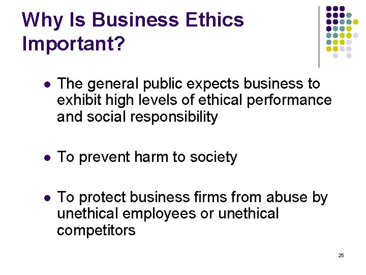 Why Is Business Ethics Important? l The general public expects business to exhibit high