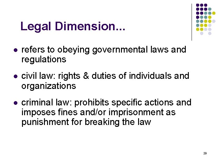 Legal Dimension. . . l refers to obeying governmental laws and regulations l civil