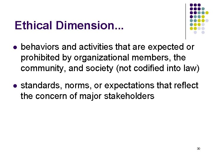 Ethical Dimension. . . l behaviors and activities that are expected or prohibited by