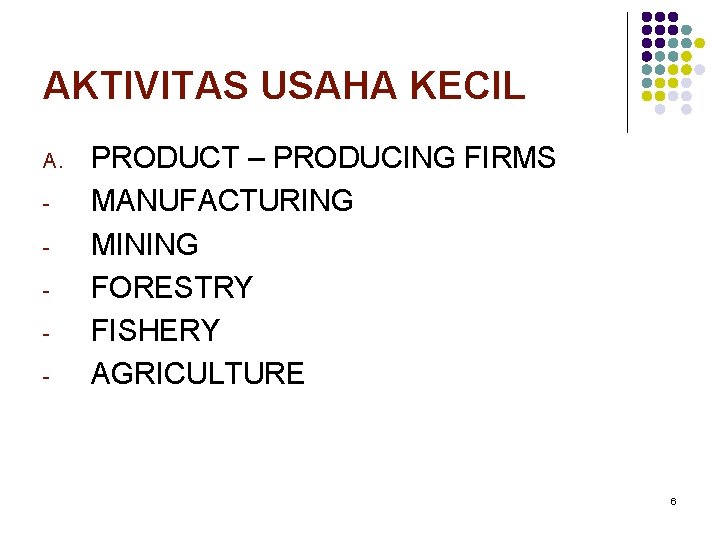 AKTIVITAS USAHA KECIL A. - PRODUCT – PRODUCING FIRMS MANUFACTURING MINING FORESTRY FISHERY AGRICULTURE