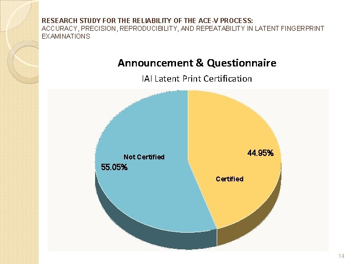 RESEARCH STUDY FOR THE RELIABILITY OF THE ACE-V PROCESS: ACCURACY, PRECISION, REPRODUCIBILITY, AND REPEATABILITY