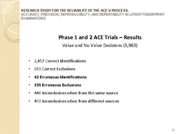 RESEARCH STUDY FOR THE RELIABILITY OF THE ACE-V PROCESS: ACCURACY, PRECISION, REPRODUCIBILITY, AND REPEATABILITY