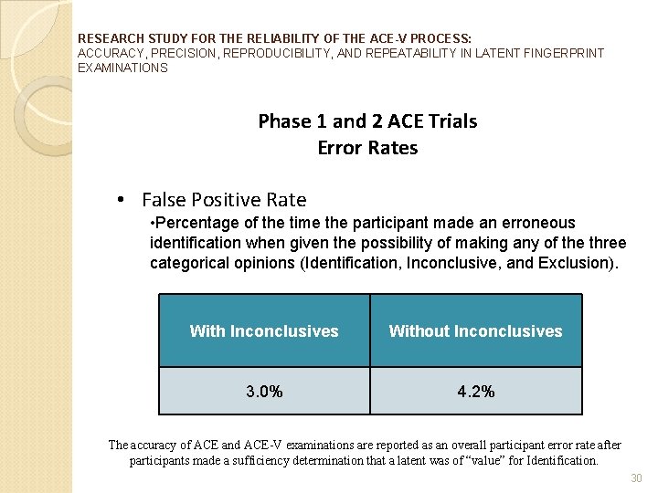 RESEARCH STUDY FOR THE RELIABILITY OF THE ACE-V PROCESS: ACCURACY, PRECISION, REPRODUCIBILITY, AND REPEATABILITY