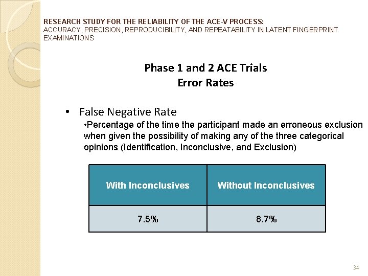 RESEARCH STUDY FOR THE RELIABILITY OF THE ACE-V PROCESS: ACCURACY, PRECISION, REPRODUCIBILITY, AND REPEATABILITY