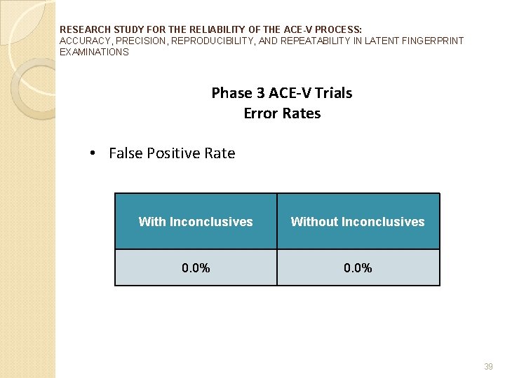 RESEARCH STUDY FOR THE RELIABILITY OF THE ACE-V PROCESS: ACCURACY, PRECISION, REPRODUCIBILITY, AND REPEATABILITY