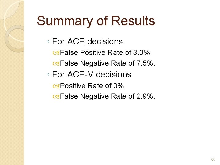 Summary of Results ◦ For ACE decisions False Positive Rate of 3. 0% False