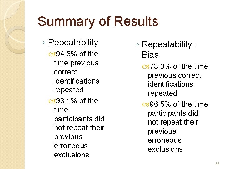 Summary of Results ◦ Repeatability 94. 6% of the time previous correct identifications repeated