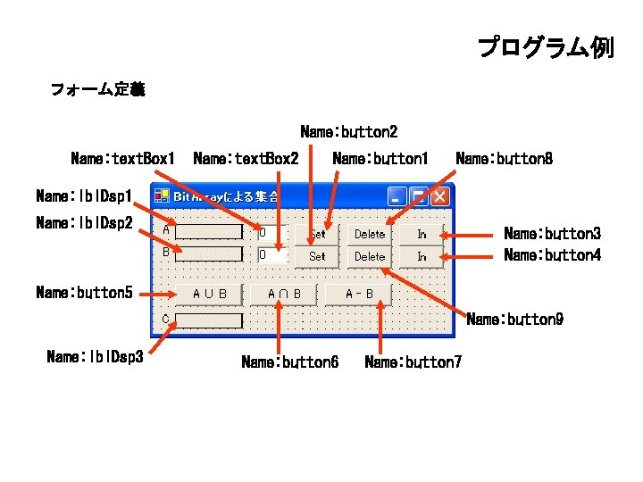 プログラム例 フォーム定義 Name: button 2 Name: text. Box 1 Name: text. Box 2 Name: プログラム例 フォーム定義 Name: button 2 Name: text. Box 1 Name: text. Box 2 Name: