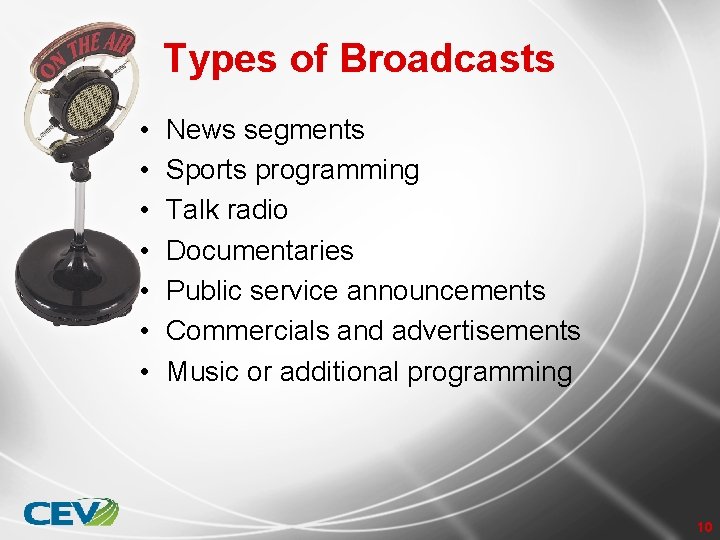 Types of Broadcasts • • News segments Sports programming Talk radio Documentaries Public service