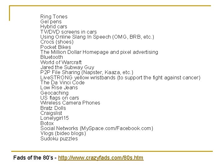 Ring Tones Gel pens Hybrid cars TV/DVD screens in cars Using Online Slang In