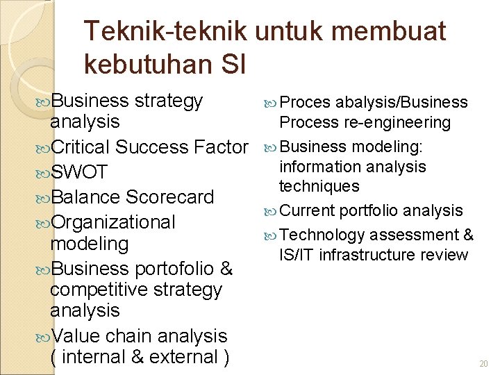 Teknik-teknik untuk membuat kebutuhan SI Business strategy abalysis/Business Process re-engineering analysis Critical Success Factor