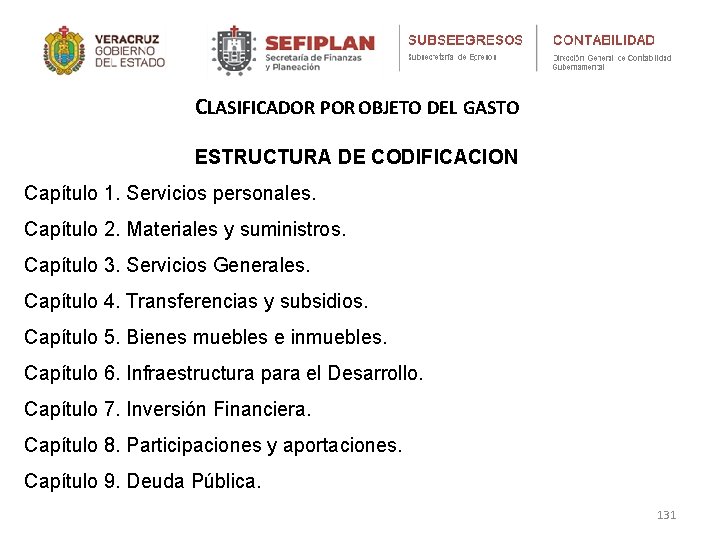 CLASIFICADOR POR OBJETO DEL GASTO ESTRUCTURA DE CODIFICACION Capítulo 1. Servicios personales. Capítulo 2.