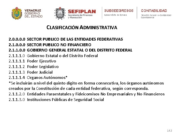 CLASIFICACIÓN ADMINISTRATIVA 2. 0. 0 SECTOR PUBLICO DE LAS ENTIDADES FEDERATIVAS 2. 1. 0.