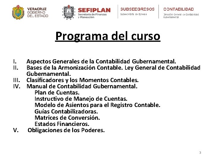 Programa del curso I. II. Aspectos Generales de la Contabilidad Gubernamental. Bases de la