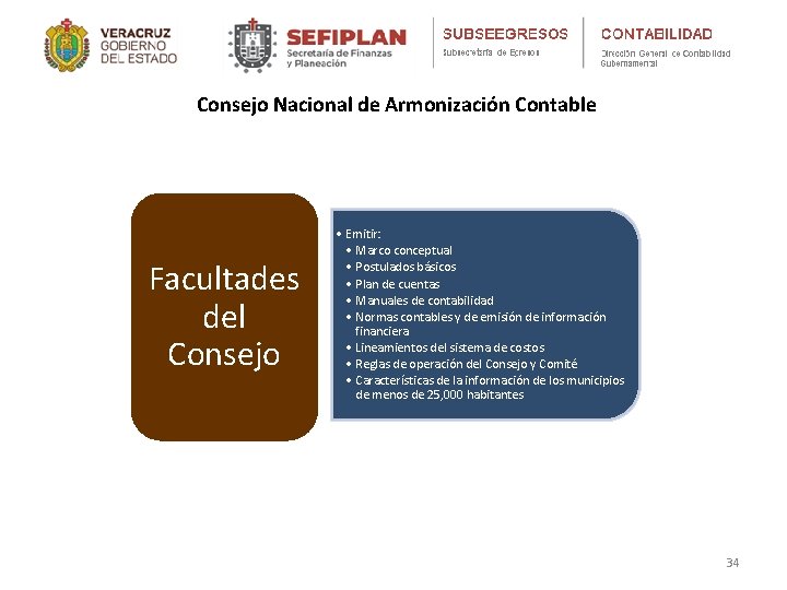 Consejo Nacional de Armonización Contable Facultades del Consejo • Emitir: • Marco conceptual •
