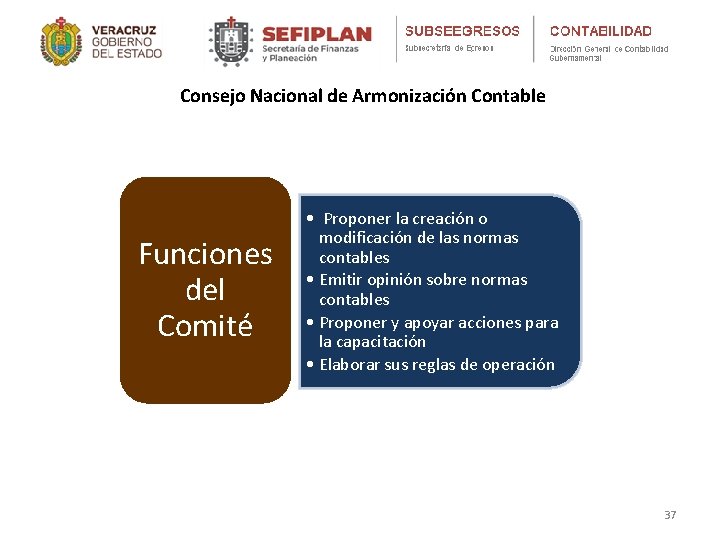 Consejo Nacional de Armonización Contable Funciones del Comité • Proponer la creación o modificación