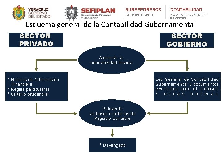 Esquema general de la Contabilidad Gubernamental SECTOR PRIVADO SECTOR GOBIERNO Acatando la normatividad técnica