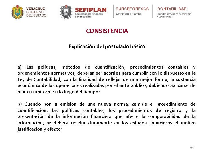 CONSISTENCIA Explicación del postulado básico a) Las políticas, métodos de cuantificación, procedimientos contables y