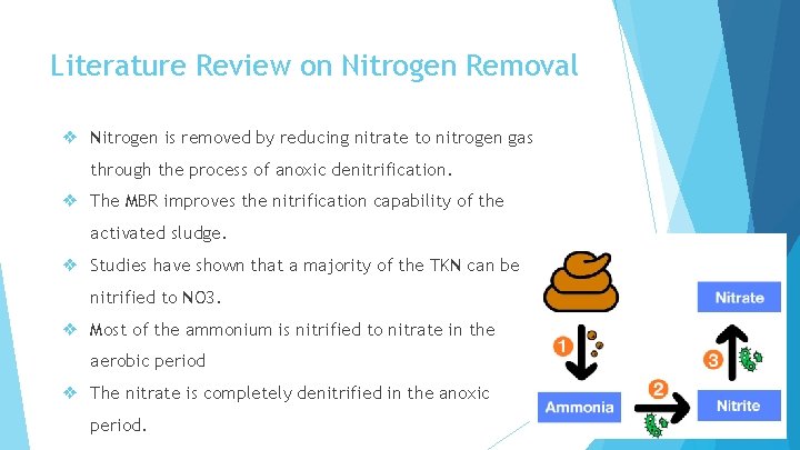 Literature Review on Nitrogen Removal ❖ Nitrogen is removed by reducing nitrate to nitrogen
