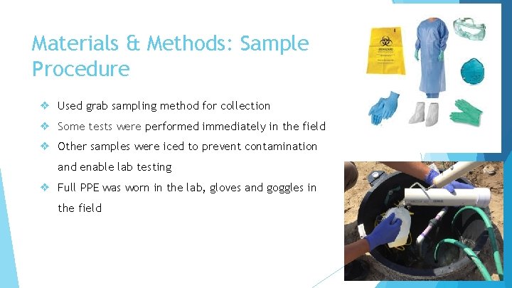 Materials & Methods: Sample Procedure ❖ Used grab sampling method for collection ❖ Some