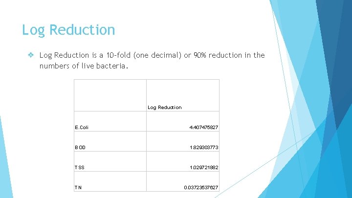 Log Reduction ❖ Log Reduction is a 10 -fold (one decimal) or 90% reduction