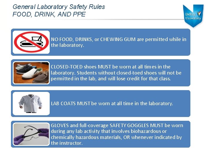 General Laboratory Safety Rules FOOD, DRINK, AND PPE NO FOOD, DRINKS, or CHEWING GUM