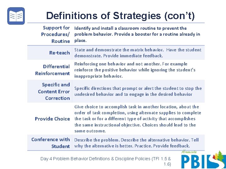 Definitions of Strategies (con’t) Support for Identify and install a classroom routine to prevent