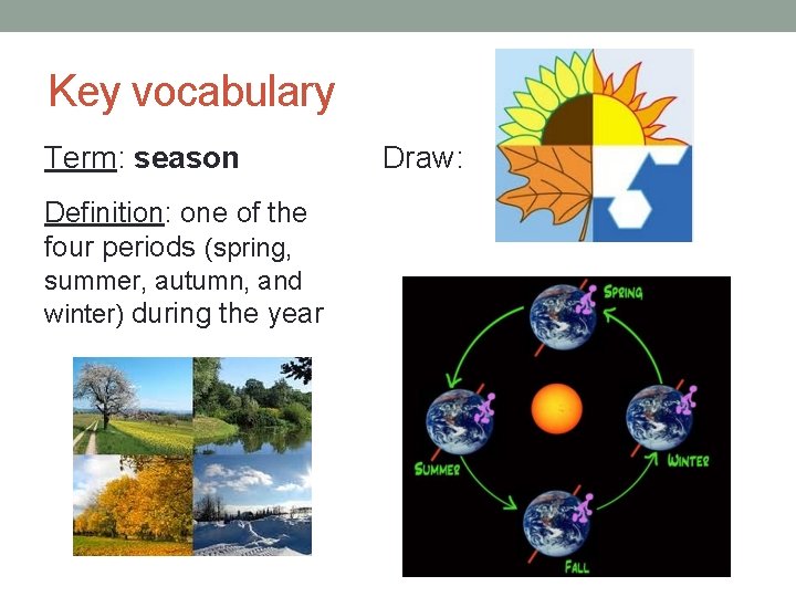 Key vocabulary Term: season Definition: one of the four periods (spring, summer, autumn, and