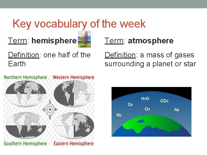 Key vocabulary of the week Term: hemisphere Term: atmosphere Definition: one half of the